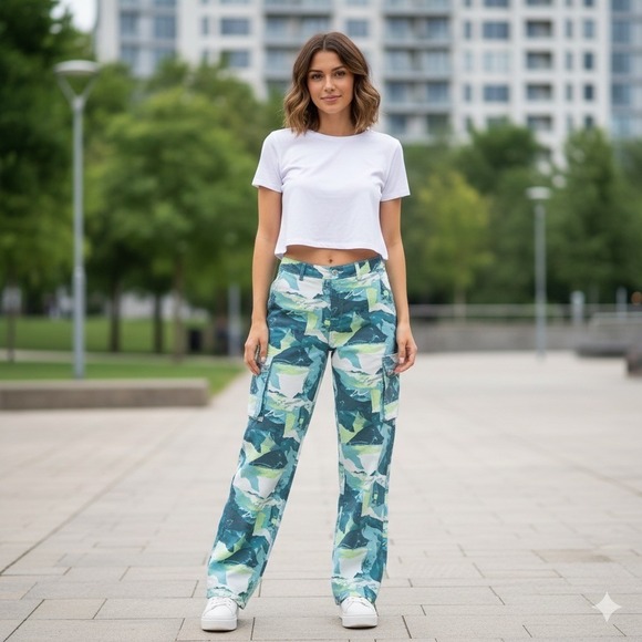 Forever 21 Pants - Forever 21 Womens Size Small Cargo Pants Teal Green Abstract Wide Leg Y2K